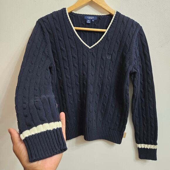 Chaps Women Preppy Classic Academia Tennis Ivy League Cable Knit VNeck Sweater M - Picture 5 of 11